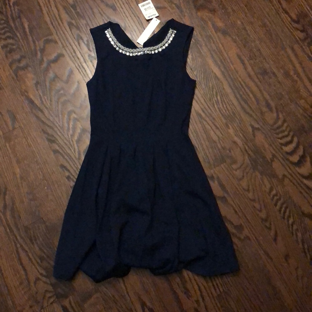 navy dress with gem neckline